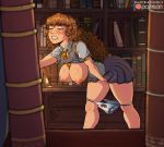  1girl bared_teeth bent_over blush bookshelf bow bow_panties breasts brown_hair candlelight captain_jerkpants closed_eyes clothed_masturbation commentary curly_hair english_commentary fang fingering grey_sweater_vest hair_ornament hairclip hanging_breasts harry_potter hermione_granger highres hogwarts_school_uniform indoors large_breasts lips long_hair masturbation necktie nipples no_bra panties panty_pull patreon_logo pleated_skirt pussy_juice school_uniform short_sleeves skirt solo stealth_masturbation sweat sweater_vest_lift unaligned_breasts underwear white_panties 