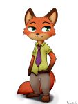  anthro barefoot belt black_nose bottomwear canid canine cheek_tuft clothed clothing dipstick_ears dipstick_tail disney facial_tuft fluffy fluffy_tail fox fully_clothed fur gloves_(marking) green_eyes head_tuft mammal markings multicolored_ears multicolored_tail necktie nick_wilde orange_body orange_fur pants red_fox roxandasher shirt simple_background solo topwear tuft white_background zootopia 