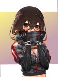 1girl bangs black-framed_eyewear black_gloves black_jacket black_scarf blush breasts brown_hair camouflage_jacket cleavage commentary covering_mouth cropped_jacket glasses gloves gradient gradient_background hair_between_eyes hololive izumi_sai jacket large_breasts looking_at_viewer mechanical_arms roboco-san roboco_ch. scarf short_hair short_sleeves solo upper_body virtual_youtuber yellow_eyes zipper zipper_pull_tab 