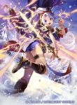  1girl boots bracelet cloud company_name copyright_name dress electricity fire_emblem fire_emblem:_genealogy_of_the_holy_war fire_emblem_cipher from_side holding holding_sword holding_weapon jewelry konfuzikokon long_hair looking_to_the_side official_art open_mouth outdoors ponytail purple_eyes purple_hair ring sky snow snowflakes solo sword tailtiu_(fire_emblem) tree weapon 
