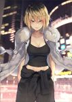  1girl bangs blonde_hair blurry blurry_background breasts building cleavage coat fur_collar hair_between_eyes hands_in_pockets highres isegawa_yasutaka large_breasts looking_at_viewer midriff open_clothes open_coat original overalls short_hair smile solo tank_top tied_overalls yellow_eyes 