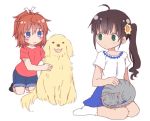  2girls ahoge animal animal_on_lap bangs black_legwear blue_eyes blue_shorts blue_skirt blush blush_stickers breasts brown_hair cat closed_mouth commentary_request dog eye_contact eyebrows_visible_through_hair flower green_eyes hair_between_eyes hair_flower hair_ornament hair_ribbon high_ponytail kneeling koshigaya_natsumi long_hair looking_at_another looking_back multiple_girls niizato_aoi non_non_biyori pleated_skirt ponytail red_shirt ribbon shika_(s1ka) shirt short_sleeves shorts side_ponytail simple_background skirt small_breasts socks white_background white_legwear white_ribbon white_shirt yellow_flower 