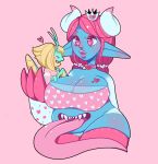  &lt;3 &lt;3_eyes 2019 ambiguous_gender arthropod arthropod_abdomen big_breasts blonde_hair blue_body blush breasts choker clothing crown curvy_figure duo female glittermiilk hair horn horned_humanoid humanoid humanoid_pointy_ears insect jewelry legwear mantis necklace open_mouth pink_background pink_eyes pink_hair simple_background size_difference smile stockings stomach_mouth thick_thighs underwear voluptuous wide_hips 
