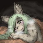  2019 4_fingers anthro bedding black_body black_fur blanket blush bodily_fluids breasts breath canid fingers fur green_eyes green_hair grey_body grey_fur hair kemono long_hair looking_at_viewer lying mammal open_mouth sirahtama sweat 