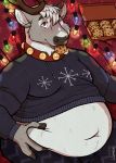  anthro antlers bell bell_collar belly belly_grab blush capreoline cervid christmas christmas_lights clothed clothing collar cookie eating food fur grey_body grey_fur hand_on_stomach holidays horn jingle_bell male mammal moobs navel overweight overweight_male reindeer smile snowflake solo sweater topwear white_body white_fur wormrose 