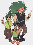  3girls absurdres age_progression black_eyes black_shirt boots bright_pupils brown_pants combat_boots drumsticks english_commentary gen_8_pokemon green_hair green_hoodie grey_background grookey headband headphones headphones_around_neck high_ponytail highres hood hoodie long_hair multiple_girls muscle muscular_female nymria pants personification pokemon ponytail rillaboom shirt simple_background sleeveless sleeveless_hoodie thwackey tomboy torn_clothes torn_sleeves 