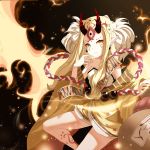  1girl absurdres black_earrings blonde_hair commentary_request earrings facial_mark fate/grand_order fate_(series) forehead_tattoo hand_up highres horns ibaraki_douji_(fate/grand_order) jewelry long_hair pointy_ears red_horns sidelocks solo tagme tattoo user_ktxf5744 yellow_eyes 