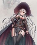  1girl bangs bare_shoulders black_legwear blush breasts detached_sleeves dragon dress garter_straps granblue_fantasy hair_between_eyes hat large_breasts long_hair looking_at_viewer magisa_(granblue_fantasy) parted_lips pelvic_curtain red_eyes shoron silver_hair smile solo thighhighs very_long_hair witch_hat 
