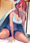  1girl ;d bare_shoulders blanket blue_eyes blue_shorts blush boyshorts breasts cleavage commentary fang futon fuuro_(pokemon) hair_between_eyes kashi_kosugi large_breasts long_hair one_eye_closed open_mouth pokemon pokemon_(game) pokemon_bw red_hair shorts side_ponytail signature sitting skin_fang smile solo tank_top tears thighs under_covers waking_up wariza wiping_tears 