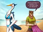  2019 5_fingers anthro avian beach beak bird blue_body blue_feathers breasts clothed clothing day detailed_background dialogue digital_media_(artwork) emanata english_text eyebrows eyelashes feathers felid feline female fingers fur mammal non-mammal_breasts outside sand seaside shoreline sky speech_bubble tenynn text water yellow_sclera 