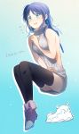  1girl aki_(neyuki41028) backless_outfit bangs black_legwear blue_background blue_eyes blue_hair blue_ribbon blush dress eyebrows_visible_through_hair full_body gradient gradient_background grey_sweater hair_ribbon hiradaira_chisaki long_hair looking_at_viewer meme_attire nagi_no_asukara open_mouth ribbed_sweater ribbon sitting solo sweater sweater_dress thighhighs turtleneck turtleneck_sweater vest virgin_killer_sweater wavy_mouth white_background zettai_ryouiki 