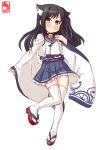  1girl animal_ear_fluff animal_ears artist_logo asashio_(azur_lane) asashio_(azur_lane)_(cosplay) asashio_(kantai_collection) azur_lane bell black_hair blue_eyes blue_skirt cat_ears cat_girl commentary_request cosplay dated eyebrows_visible_through_hair geta hair_ribbon highres jingle_bell kanon_(kurogane_knights) kantai_collection long_hair long_sleeves looking_at_viewer namesake pleated_skirt ribbon sandals shirt simple_background skirt solo standing thighhighs white_background white_legwear white_shirt wide_sleeves 