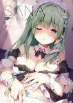  1girl ;o alternate_costume bangs bare_shoulders black_bow black_neckwear blue_eyes blush bow bowtie breasts censored commentary_request cover detached_collar enmaided eyebrows_visible_through_hair frog_hair_ornament green_hair hair_ornament hair_tubes heart heart_censor indoors kochiya_sanae long_hair looking_at_viewer maid maid_headdress medium_breasts miyase_mahiro off_shoulder one_eye_closed panties parted_lips snake_hair_ornament solo touhou underwear upper_body white_panties wrist_cuffs 