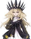  1girl :d black_dress black_rock_shooter blonde_hair chariot_(black_rock_shooter) crown dress hand_on_own_chest highres long_hair looking_at_viewer mechanical_hands messy_hair nyoro_(nyoronyoro000) open_mouth partially_unzipped simple_background smile solo white_background white_dress yellow_eyes 