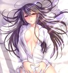 1girl alternate_costume black_hair blush breasts brown_eyes hair_ornament hairband hairclip haruna_(kantai_collection) kantai_collection large_breasts long_hair looking_at_viewer lying no_pants on_back open_clothes open_mouth open_shirt ryu-akt shirt solo white_hairband white_shirt 