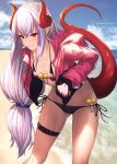  1girl ass_visible_through_thighs bangs beach bikini black_bikini blue_sky blush breasts cloud collarbone commentary_request covered_nipples day dragon_girl dragon_horns dragon_tail eyebrows_visible_through_hair facial_mark fang fang_out hair_between_eyes hands_in_pockets horns ibuki_notsu jacket long_hair long_sleeves looking_at_viewer lowleg lowleg_bikini melusine_(ibuki_notsu) micro_bikini navel original outdoors pointy_ears red_eyes red_jacket side-tie_bikini sidelocks sky small_breasts smile solo standing swimsuit tail thigh_strap very_long_hair zipper zipper_pull_tab 