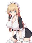  1girl apron bangs black_dress blush breasts collarbone dress elfenlied22 eyebrows_visible_through_hair frills green_eyes highres large_breasts long_hair looking_at_viewer maid maid_headdress original simple_background smile solo thighhighs white_apron white_background white_legwear 