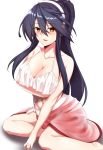  1girl alternate_costume alternate_hairstyle black_hair breasts carmine_(ucdio) cleavage graphite_(medium) hair_between_eyes hair_ornament hairband hairclip haruna_(kantai_collection) highres jewelry kantai_collection large_breasts long_hair mechanical_pencil pencil ring sarong shadow simple_background sitting swimsuit traditional_media wedding_band white_background 