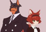  2019 absurd_res alternate_species anime anthro anthrofied black_body black_fur brown_body brown_eyes brown_fur canid canine canis clothing dobermann domestic_cat domestic_dog dorothy_wayneright duo felid feline felis female fur hair hi_res male mammal necktie pinscher red_body red_fur red_hair rico_(artist) roger_smith_(the_big_o) short_hair simple_background suit the_big_o white_body white_fur 