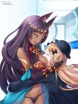  2girls :d abigail_williams_(fate/grand_order) animal_ear_fluff animal_ears bangs bare_shoulders between_breasts black_dress black_headwear blonde_hair blurry blurry_background blush breasts bridal_gauntlets closed_eyes commentary_request dark_skin dated depth_of_field dress eyebrows_visible_through_hair fang fate/grand_order fate_(series) green_eyes groin hat head_between_breasts head_chain kuzumochi_(kuzumochiya) large_breasts long_hair long_sleeves looking_at_another motorboating multiple_girls navel open_mouth parted_bangs purple_hair queen_of_sheba_(fate/grand_order) revealing_clothes signature sleeves_past_fingers sleeves_past_wrists smile tears very_long_hair 