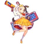  1girl :3 ;3 animal_ears bell blonde_hair bloomers blush bow brown_hair dog_ears dog_girl dog_tail dress full_body gun hachiko_of_castling hair_bow highres last_origin long_hair mary_janes one_eye_closed orange_eyes paintale shoes smile solo tachi-e tail twintails underwear weapon younger 
