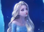  1girl bare_shoulders blonde_hair blue_background blue_eyes blue_theme collarbone elsa_(frozen) frozen_(disney) frozen_ii_(disney) glowing highres long_hair looking_away looking_to_the_side parted_lips red_lips signature silver_hair solo srasa upper_body 