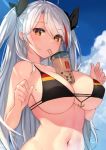  1girl absurdres anchor_symbol azur_lane bangs bare_shoulders bikini black_bikini black_choker blue_sky blush breasts bubble_tea bubble_tea_challenge choker cup disposable_cup drink drinking drinking_straw eyebrows_visible_through_hair flag_print german_flag_bikini hands_up highres large_breasts long_hair looking_at_viewer mole mole_on_breast multicolored_hair navel object_on_breast outdoors prinz_eugen_(azur_lane) prinz_eugen_(unfading_smile)_(azur_lane) ribbon sidelocks silver_hair sky solo stomach streaked_hair swimsuit two_side_up u_ronnta very_long_hair 