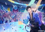  2boys ;d artist_name banner black_hair blue_eyes blue_flower blue_rose bouquet brown_eyes collared_shirt confetti crowd english_text epaulettes flower gearous hair_slicked_back hug hug_from_behind katsuki_yuuri male_focus multiple_boys one_eye_closed open_mouth rose shirt silver_hair skating_rink smile sparkle viktor_nikiforov yuri!!!_on_ice 