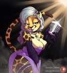  absurd_res amber_(pelao0o) amber_eyes anthro batartcave cheek_tuft cheetah clothing facial_tuft felid feline female fur hair hi_res holding_microphone holding_object jewelry mammal microphone multicolored_body multicolored_fur necklace open_mouth purple_clothing tuft 