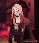  bent_over big_hair blonde_hair breasts charlie charlie_hazbin hair_ribbon hand_on_hip hazbin_hotel huge_filesize jacket large_breasts looking_at_viewer red_jacket red_skirt ribbon skirt yoithe 