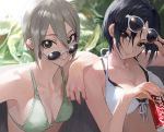  2girls bangs bikini black_eyes black_hair breasts can cleavage coca-cola commentary eyebrows_visible_through_hair eyelashes green_bikini grey_hair hair_between_eyes hayami_kanade idolmaster idolmaster_cinderella_girls lips medium_breasts mossi multiple_girls nail_polish shiomi_shuuko short_hair smile soda_can sunglasses swimsuit upper_body white-framed_eyewear white_bikini yellow_eyes 