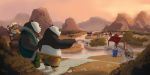  2015 anthro black_body black_fur bottomwear butt ceoran clothing detailed_background dreamworks fur giant_panda kung_fu_panda li_shan_(kung_fu_panda) mammal master_po_ping outside overweight shorts ursid white_body white_fur 