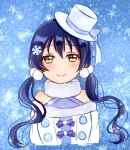  alternate_hairstyle bangs bare_shoulders blue_hair commentary_request eyebrows_visible_through_hair hair_between_eyes hair_ornament hairpin hat highres kino_xx62 long_hair looking_at_viewer love_live! love_live!_school_idol_festival love_live!_school_idol_project portrait smile snow snowflake_hair_ornament snowflakes sonoda_umi twintails winter_clothes yellow_eyes 