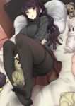  1girl bangs black_eyes black_legwear black_panties blush breasts feet full_body grey_sweater indoors itou_ryuusei iya_na_kao_sare_nagara_kozukuri_sasete_moraitai large_breasts long_hair long_sleeves looking_at_viewer lying miru_tights on_back open_mouth panties pantyhose pillow plaid plaid_skirt pleated_skirt purple_hair red_skirt sidelocks skirt solo stuffed_animal stuffed_toy sweater thighband_pantyhose underwear wavy_hair 