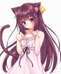  1girl animal_ear_fluff animal_ears bangs bare_arms bare_shoulders black_ribbon blush bow brown_eyes brown_hair cat_ears cat_girl cat_tail closed_mouth commentary_request dress eyebrows_visible_through_hair flower grey_background hair_bow hair_flower hair_ornament hands_up hoshino_kagari kamikaze_(kantai_collection) kantai_collection long_hair paw_pose pink_dress ribbon simple_background sleeveless sleeveless_dress smile solo tail tail_raised twitter_username very_long_hair white_flower yellow_bow 