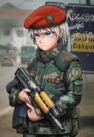  1girl aks-74u artist_name assault_rifle bangs beret blue_eyes camouflage camouflage_jacket car closed_mouth collar commission czech_text duct_tape frown grey_hair ground_vehicle gun hat highres holding holding_gun holding_weapon jacket long_sleeves looking_to_the_side military military_uniform motor_vehicle original pocket red_headwear rifle short_hair solo standing uniform upper_body weapon zap-nik 
