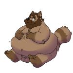  2016 anthro balls belly brown_body brown_fur canid canine fatyogi fur humanoid_hands male mammal obese overweight penis raccoon_dog simple_background sitting solo tanuki white_background 