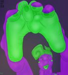  3_toes accessory anthro barefoot cache facial_markings fedupfox foot_focus green_hair hair hair_accessory hairpin head_markings looking_at_viewer markings nude presenting purple_body simple_background sprite toes 