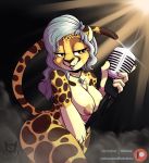 absurd_res amber_(pelao0o) amber_eyes anthro areola batartcave breasts cheek_tuft cheetah facial_tuft felid feline female fur hair half-closed_eyes hi_res holding_microphone holding_object mammal microphone multicolored_body multicolored_fur narrowed_eyes nipples open_mouth solo tuft 