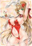  animal_ears at_classics blonde_hair breasts bunny_ears bunnysuit green_eyes large_breasts leotard long_hair looking_at_viewer original red_leotard smile thighhighs tray very_long_hair 