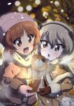  2girls :d artist_name bag bangs beanie black_gloves black_ribbon blurry blurry_background bokeh boko_(girls_und_panzer) breath brown_capelet brown_coat brown_eyes brown_hair capelet carrying casual coat commentary_request depth_of_field drawstring eyebrows_visible_through_hair fur-trimmed_capelet fur-trimmed_coat fur_trim girls_und_panzer gloves hair_ribbon handbag hat highres holding jack-in-the-box kanau light_brown_hair light_particles long_hair long_sleeves multiple_girls night nishizumi_miho one_side_up open_mouth partial_commentary pink_headwear pink_mittens ribbon shimada_arisu short_hair signature smile snow stuffed_animal stuffed_toy teddy_bear 