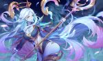  1girl asymmetrical_clothes blue_legwear blue_skin feathers gold_trim gradient_hair halo kan_(rainconan) league_of_legends long_hair multicolored_hair pauldrons simple_background soraka staff thighhighs yellow_eyes 