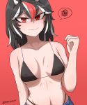  1girl alternate_costume bikini black_bikini black_hair blush breasts cleavage closed_mouth collarbone commentary english_commentary expressionless highleg highleg_bikini highres horns kijin_seija light_blush lips looking_at_viewer mata_(matasoup) medium_breasts multicolored_hair navel no_shirt red_background red_eyes red_hair short_hair shorts simple_background solo spoken_squiggle squiggle streaked_hair swimsuit touhou upper_body white_hair 