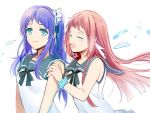  2girls :d aki_(neyuki41028) black_ribbon blue_eyes blue_hair blue_ribbon blue_scrunchie blush brown_hair closed_eyes closed_mouth collarbone collared_shirt floating_hair grey_sailor_collar hair_ribbon hiradaira_chisaki long_hair mukaido_manaka multiple_girls nagi_no_asukara neck_ribbon open_mouth polka_dot polka_dot_scrunchie ribbon sailor_collar sailor_shirt school_uniform scrunchie shiny shiny_hair shirt side_ponytail sleeveless sleeveless_shirt smile upper_body very_long_hair white_shirt wrist_scrunchie 