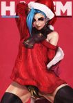  1girl absurdres aran_sweater black_legwear black_panties black_scarf blue_hair blue_nails christmas cloak_removed cover earrings english_text eyeshadow fake_magazine_cover freckles fringe_trim hat highres jewelry jinx_(league_of_legends) league_of_legends lips lipstick long_hair magazine_cover makeup mascara monori_rogue nail_polish no_pants nose off-shoulder_sweater off_shoulder panties pink_eyes red_background red_sweater ribbon_panties santa_hat scarf solo sweater thick_thighs thighhighs thighs underwear very_long_hair 