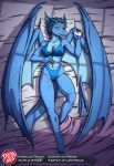  after_masturbation anthro bed big_breasts blue_body bodily_fluids breasts dragon female furniture genital_fluids night phone predaguy pussy_juice solo wet wings 