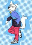  2019 adastra anthro biped blue_background bottomwear canid canine canis cassius_(adastra) claws clothed clothing digital_media_(artwork) discountdoggo ear_piercing footwear frown fully_clothed fur half-closed_eyes hand_in_pocket hi_res jacket looking_at_viewer male mammal narrowed_eyes pants piercing pockets red_eyes shoes simple_background sneakers solo standing topwear white_background white_body white_fur wolf 