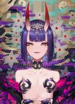  1girl :d bangs bare_shoulders breasts earrings eyebrows_visible_through_hair eyeliner fangs fate/grand_order fate_(series) flower hair_ornament hikimayu horns jewelry looking_at_viewer makeup mins_(minevi) oni open_mouth purple_eyes purple_hair revealing_clothes short_hair shuten_douji_(fate/grand_order) smile solo 