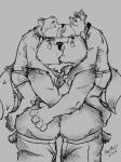  2019 anthro barefoot bottomwear canid canine canis carrying clothing collar domestic_dog eyes_closed group hi_res k-9 kissing looking_up male male/male mammal overweight overweight_male pants piggyback shorts signature simple_background underwear ursid white_background 