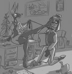  2019 3_toes anthro boss canid canine canis clothed clothing desk domestic_dog domination duo feet female female_domination foot_fetish furniture jackal male male/female mammal office pzf_(artist) toes 